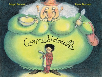 An image of the book's front cover featuring a small boy and a large green-clad witch.